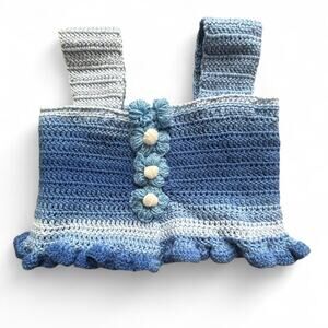 Handmade Blue Crochet Flower Tank Top Art Knit Dopamine Dressing